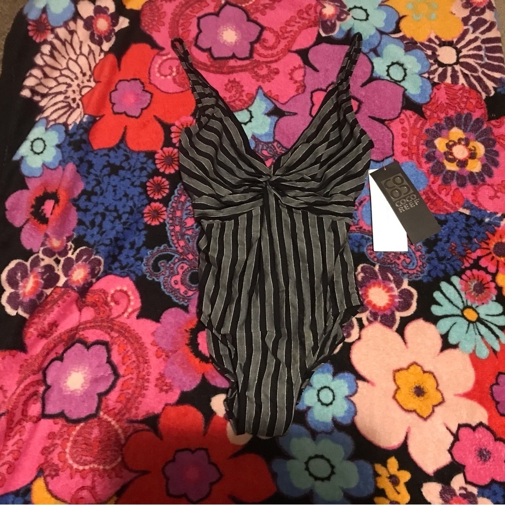 NWT Coco Reef Black and Gold  Striped Swimsuit